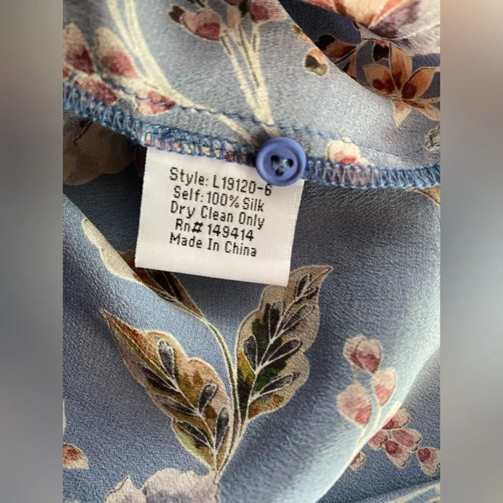 Johnny Was Jade Raine Easy Blouse Silk Blue Floral Puff Sleeve Top Sz S
